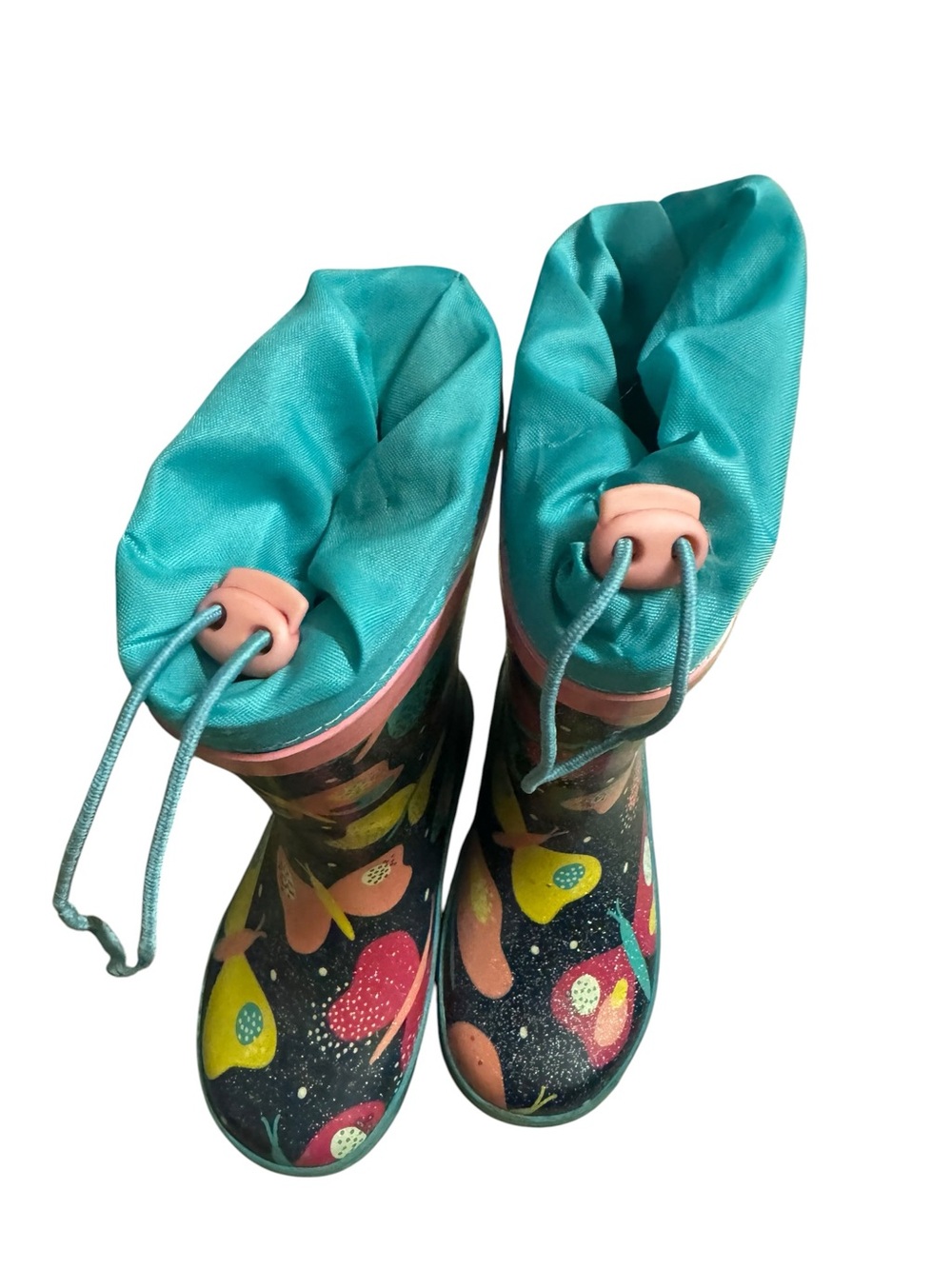 Girls' Waterproof Butterfly Print Rain Boots with Teal Drawstring Top